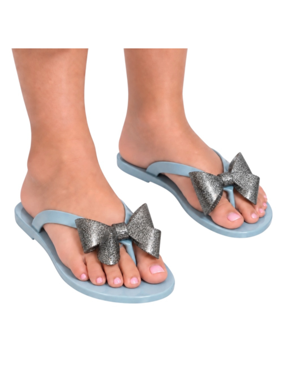 Melissa Girls Size 2 Blue Jelly Flip Flops Silver Glitter Bow Sandals
